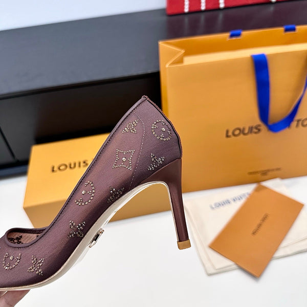 LV GALA High Heels Series Shoes 75mm Dark Rose Taupe Mesh 542215