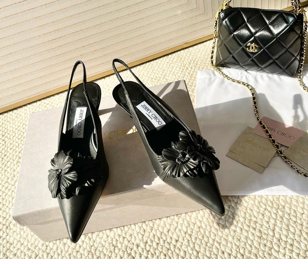 Jimmy Choo Skye Corsage Slingback Black Sheepskin 669844
