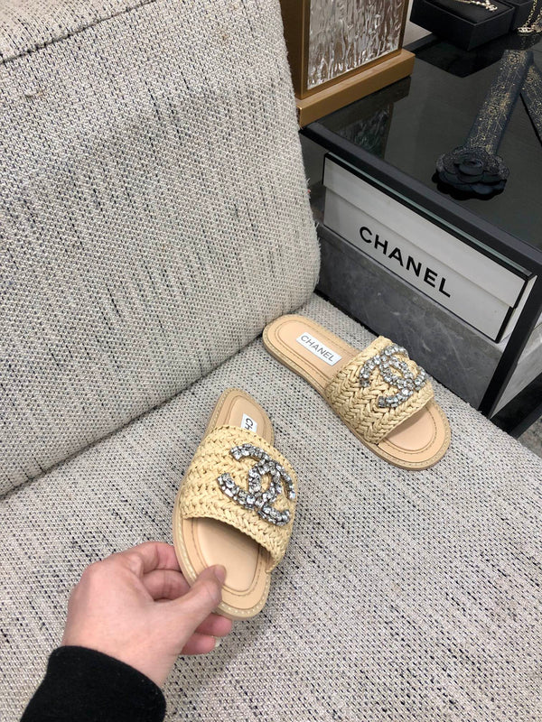 CC Flat Slides Beige Braided Raffia Crystal Embellished 688667