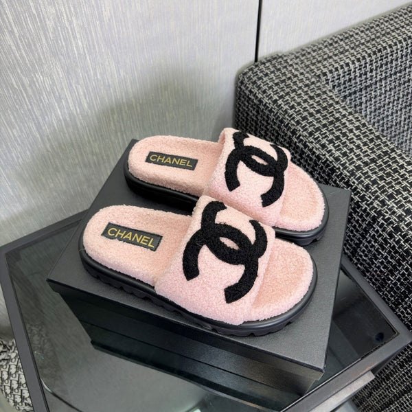 CC 26s Shearling Slide Flat Mules Light Pink Black Wool 128096