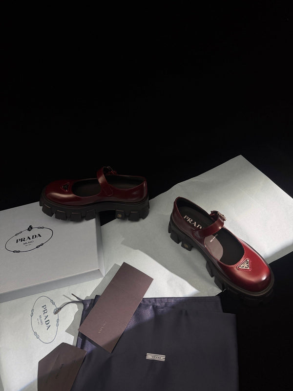 Prada Brushed Monolith Mary Janes Loafer Burgundy Leather 606061