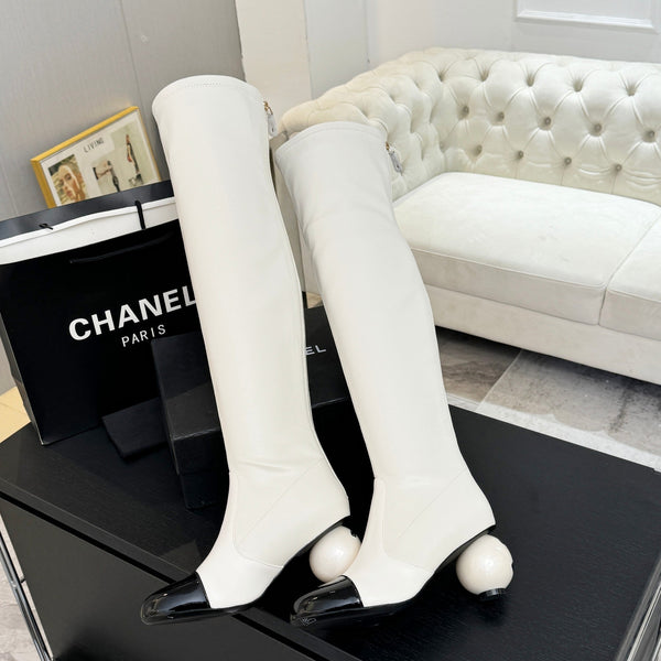 CC 25A Double C Giant Pearl Heel Boots 50mm Black White Cowhide 454945