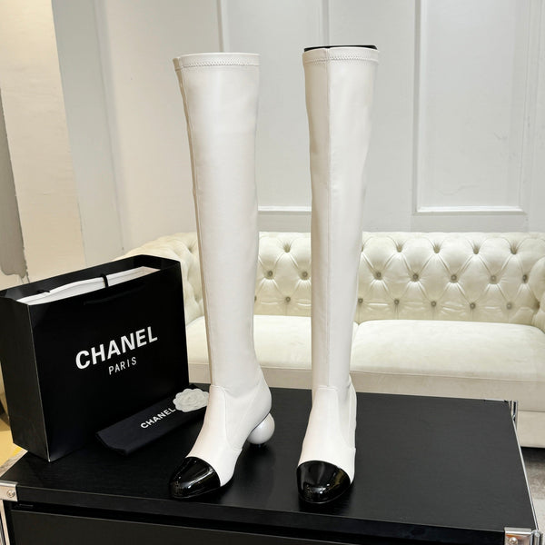 CC 25A Double C Giant Pearl Heel Boots 50mm Black White Cowhide 454945