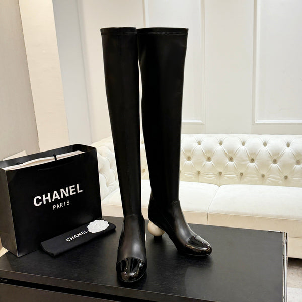 CC 25A Double C Giant Pearl Heel Boots 50mm Black Cowhide 454946