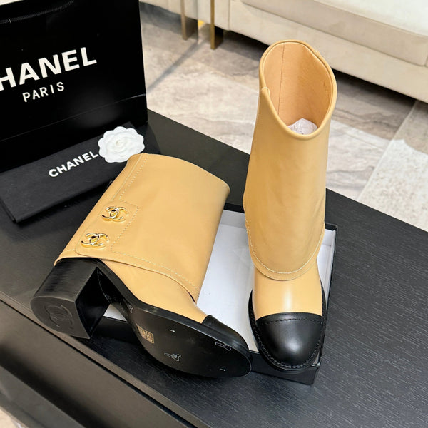 CC 26s Chunky Heel Trouser Ankle Boots Black Beige Sheepskin 673033