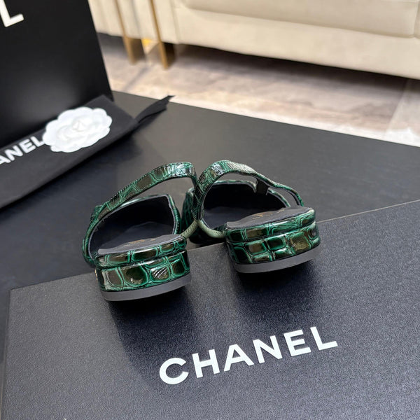 CC 26s Classic Slingback Flat Black Green Crocodile Embossed Patent Leather 907638