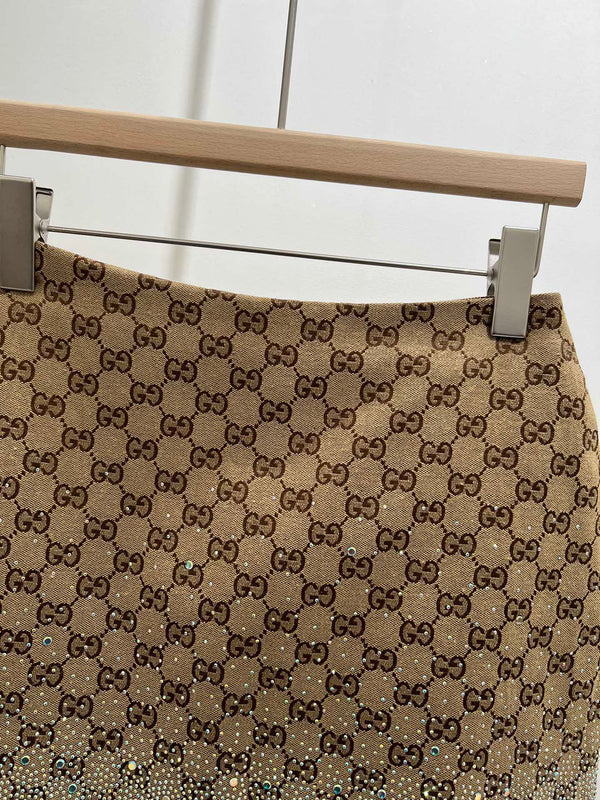 GG Beige Monogram Crystal Embellished Mini Skirt