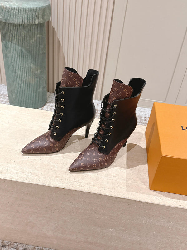 LV AW25 Ankle Boot Black Plain Calf Leather & Brown Monogram Canvas 555617