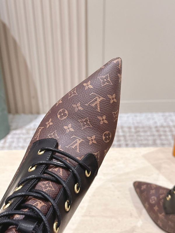 LV AW25 Ankle Boot Black Plain Calf Leather & Brown Monogram Canvas 555617