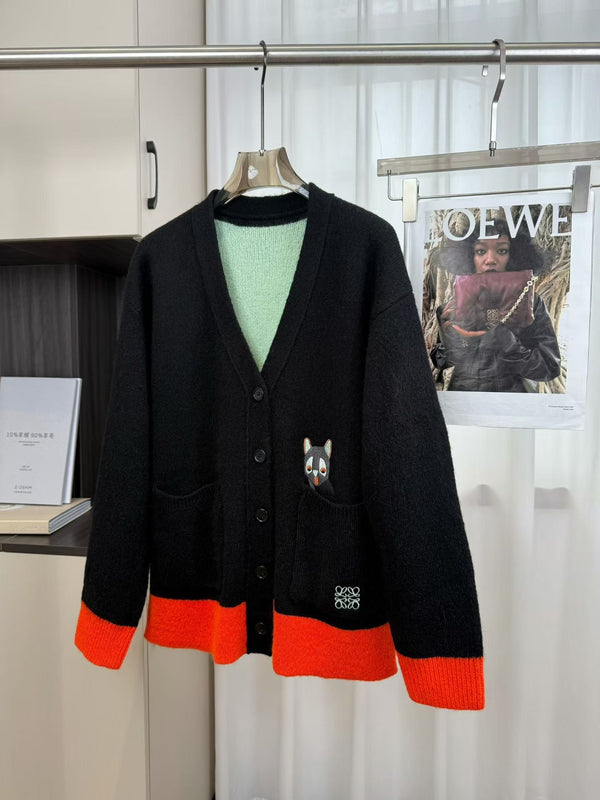 Loewe 2025 V-Neck Button-Up Cardigan Black Mix Colors Wool 331646