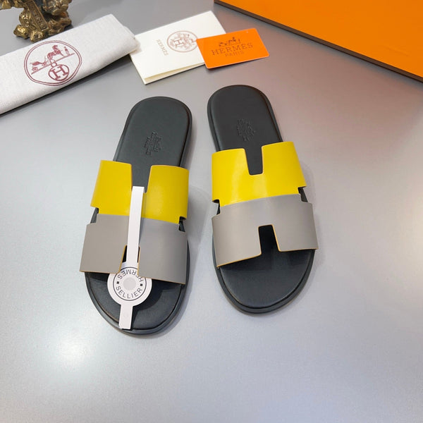 HM Oran Slippers in Light Gray and Yellow Calfskin 735646