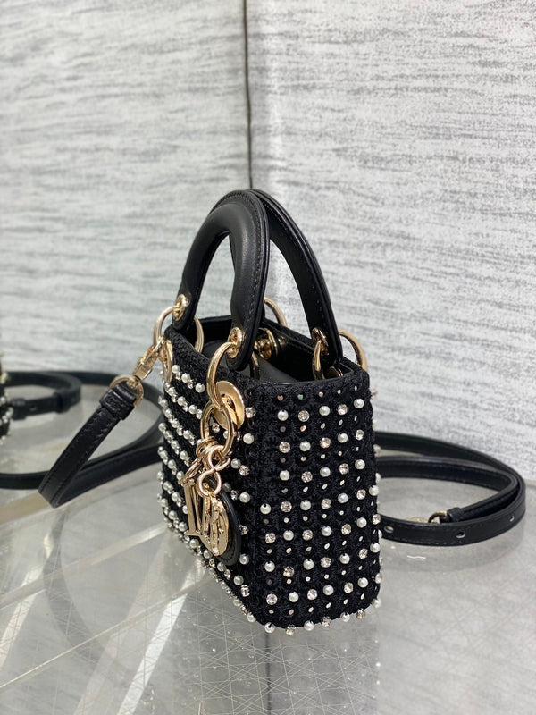 Lady Micro Bag 10cm Black Canvas Diamond Pearl