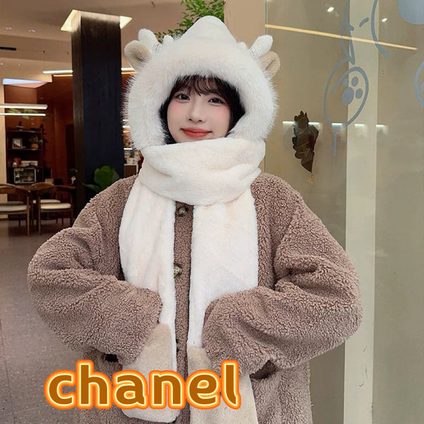 CC Hooded Scarf Gloves Light Beige Fur 477459
