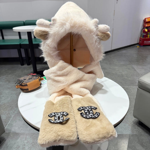 CC Hooded Scarf Gloves Light Beige Fur 477459