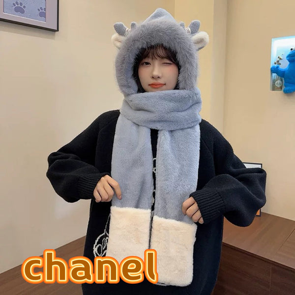 CC Hooded Scarf Gloves Light Gray Fur 477457