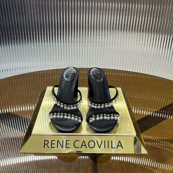 RC Gold Buckle Pearl Crystal Lamp Pendant Sandals 7.5 Black Sheepskin 174996
