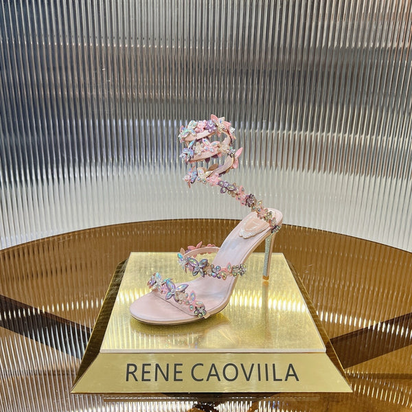 RC 25C Butterfly Flower High Heels Sandals Pink Sheepskin Rhinestone 281974