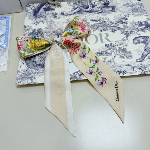 CD Twilly Mini Scarf 100cm Beige Colorful Mulberry Silk 958857