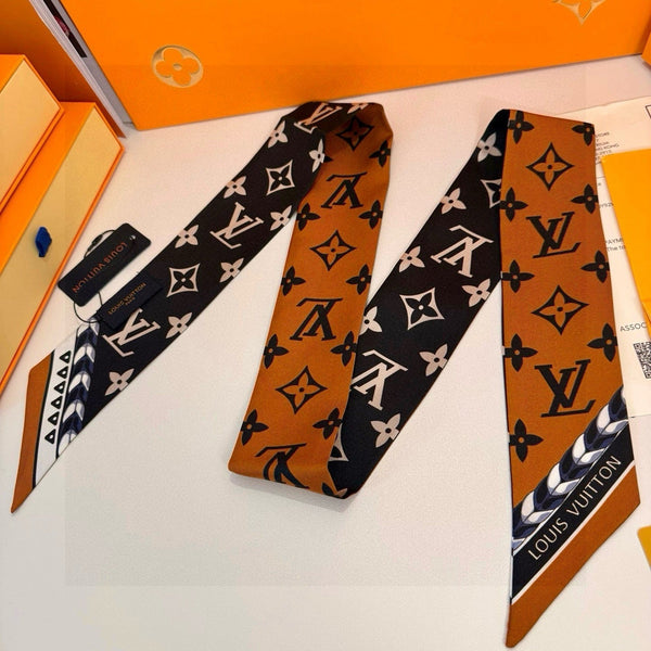 LV Twilly Mini Scarf 120 Black Brown Silk Twill 967458