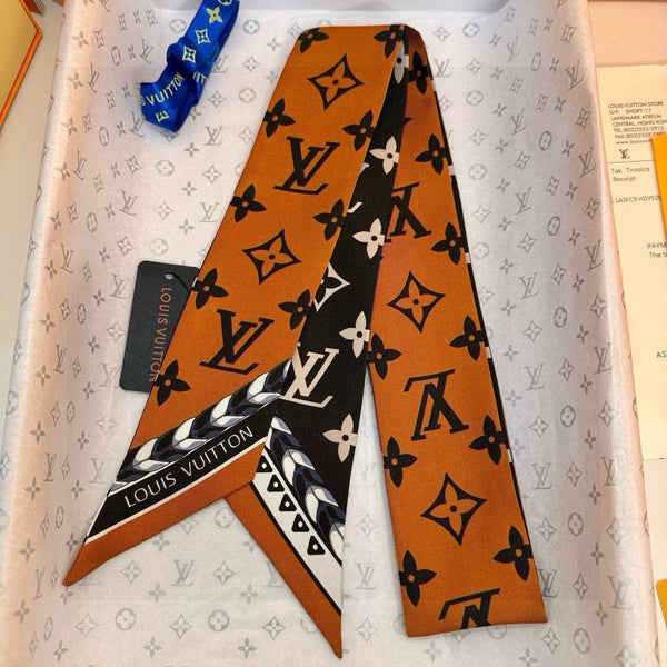 LV Twilly Mini Scarf 120 Black Brown Silk Twill 967458