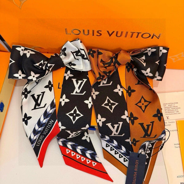 LV Twilly Mini Scarf 120 Black Brown Silk Twill 967458