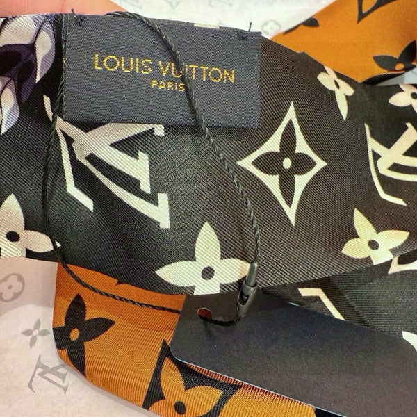 LV Twilly Mini Scarf 120 Black Brown Silk Twill 967458