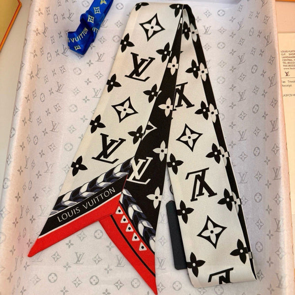 LV Twilly Mini Scarf 120 Black Beige Silk Twill 967459