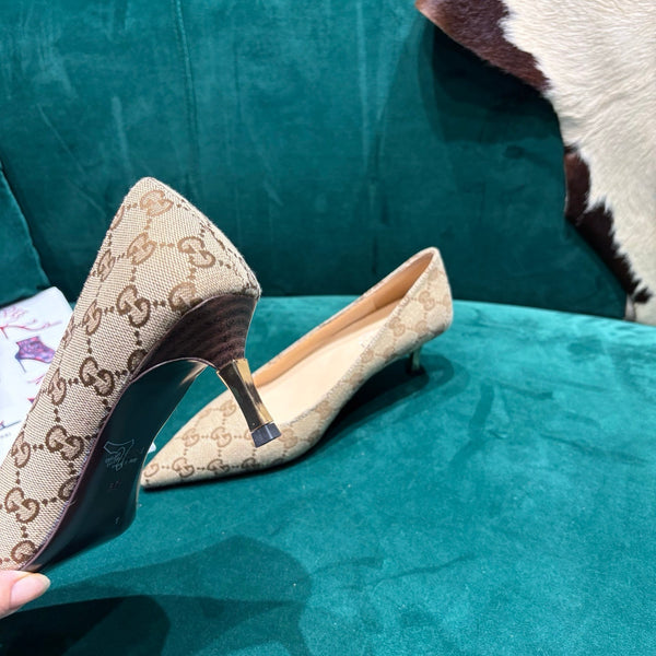 GG Pointed-Toe Slingback Light Beige Canvas 741264