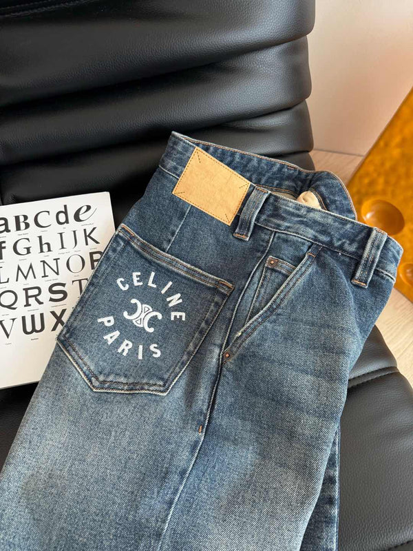 Celine 25 Pattern Embroidered Straight Jeans Blue Cotton