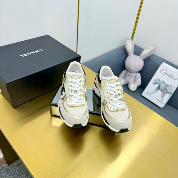 cc womens sneaker in light gold wool tweed gold calfskin and beige suede calfskin 137569