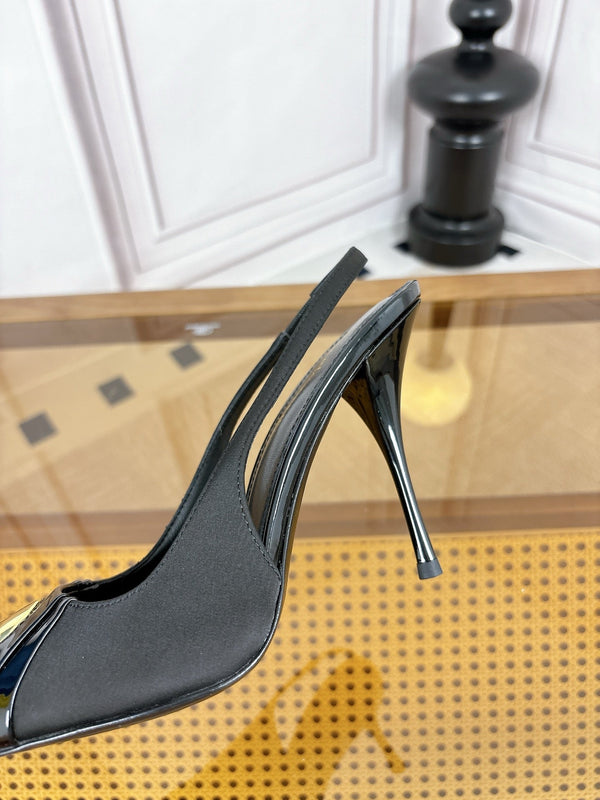 YSL Louis Slingback 10cm Black Satin Patent Leather 932063