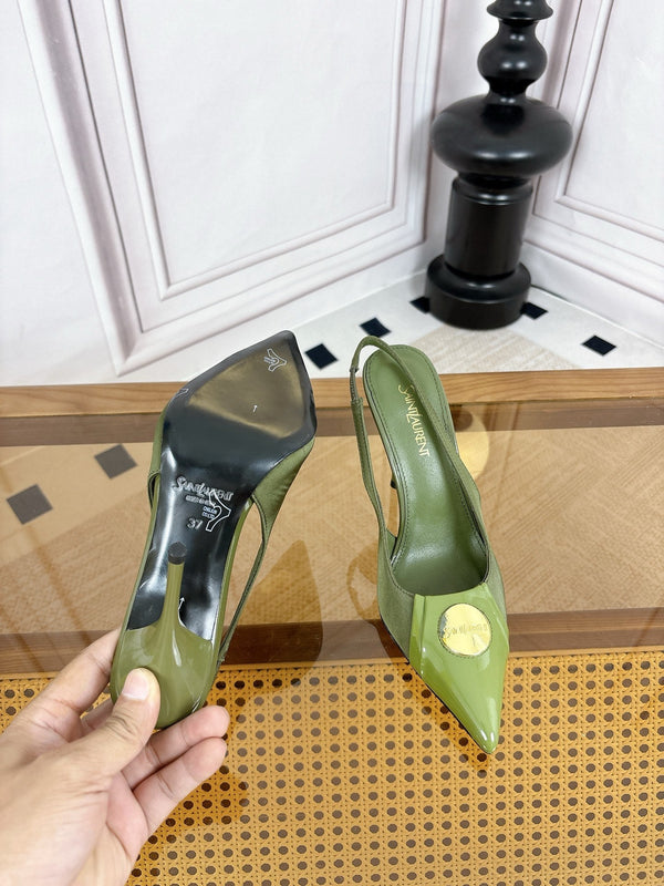 YSL Louis Slingback 10cm Olive Satin Patent Leather 932058