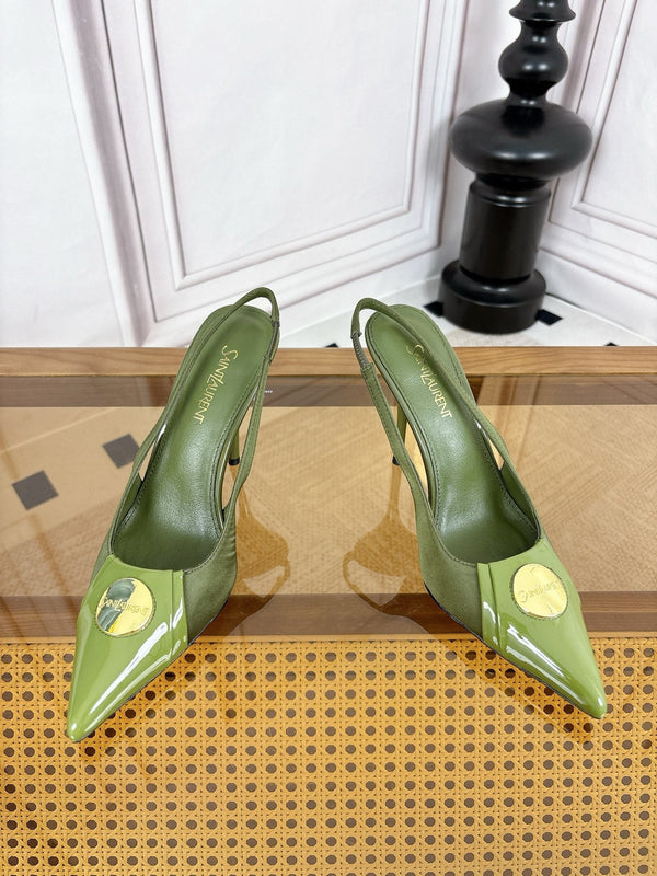 YSL Louis Slingback 10cm Olive Satin Patent Leather 932058