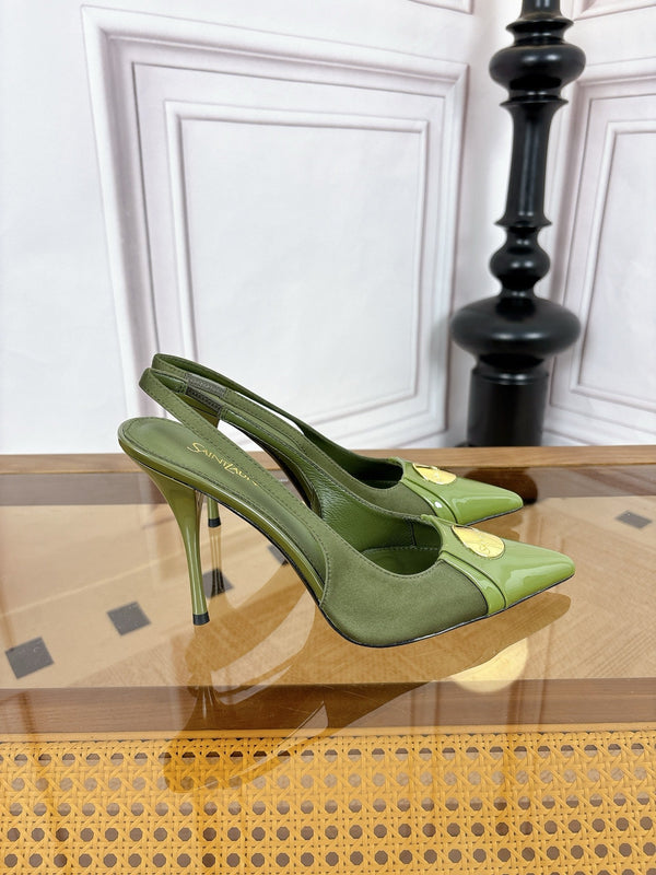 YSL Louis Slingback 10cm Olive Satin Patent Leather 932058