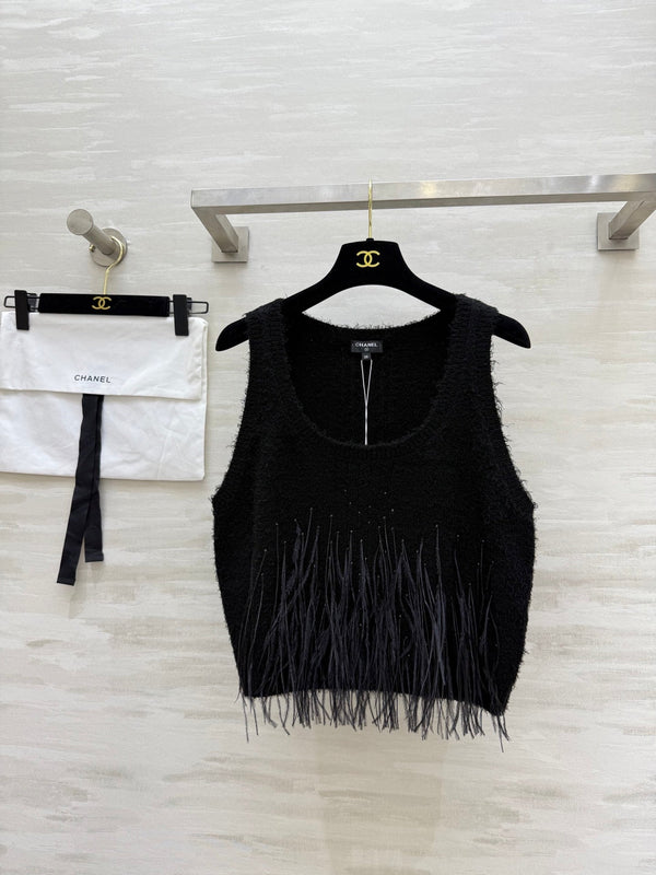 CC Ostrich Feather Rhinestone Vest Black Mulberry Silk Yarn 346478