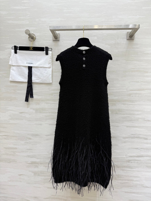 CC Ostrich Feather Rhinestone Vest Dress Black Mulberry Silk Yarn 346472
