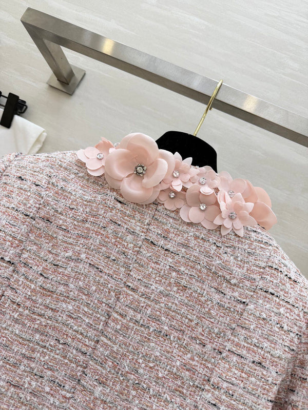 CC 26s Coat 3D Floral Embellished Light Pink Wool Blend Tweed
