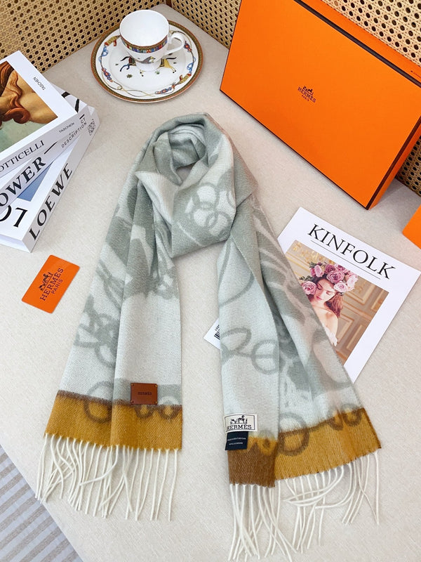 HM Casaque Mors Long Scarf Grey White Brown Cashmere 139454