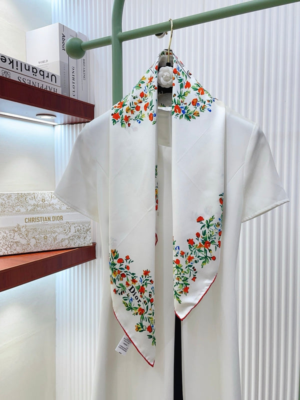 CD Dioramour Floral Heart Scarf 90x90 White Colorful Twill Silk 223490