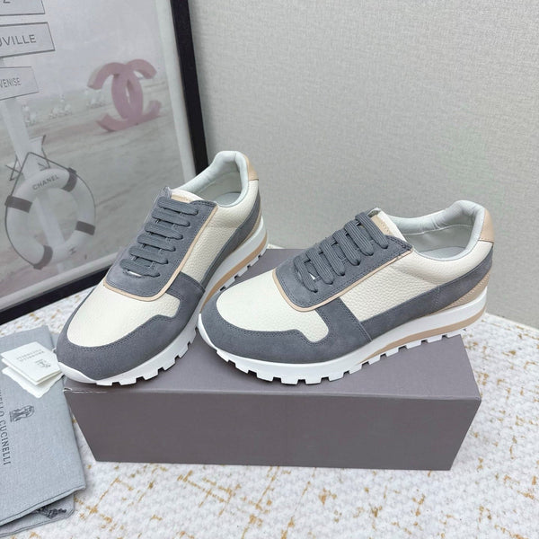 Brunello Panelled Sneakers Ivory Dark Grey Grain Leather Suede 625362