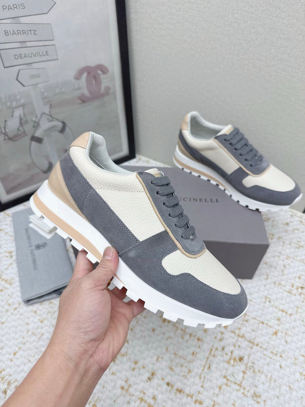 Brunello Panelled Sneakers Ivory Dark Grey Grain Leather Suede 625362
