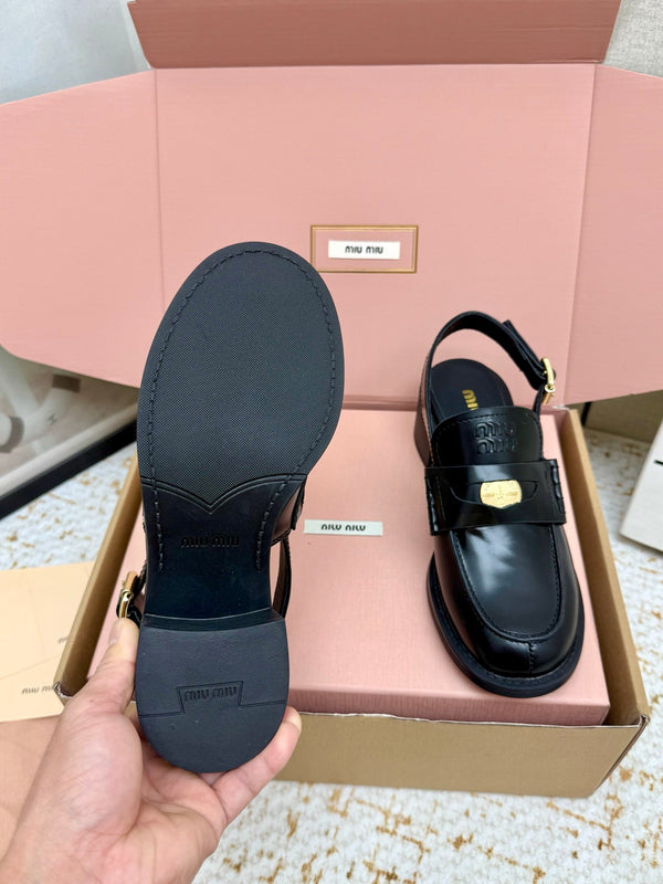 Miu Vintage-Effect Penny Slingback Black Leather 791002