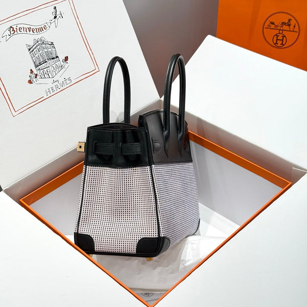 HM Birkin 30cm Black Swift Cowhide With Waffle Light Pink Canvas Fabric Ghw 249973