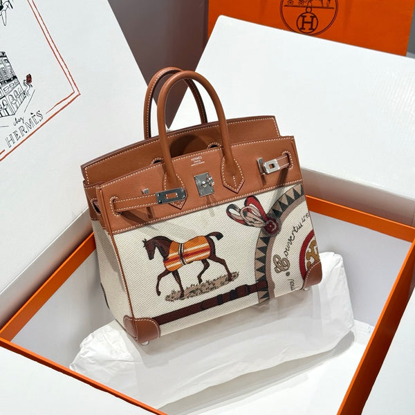 HM Birkin 25cm Golden Brown Swift Cowhide With Horse Totem Beige Canvas Fabric Shw 249990