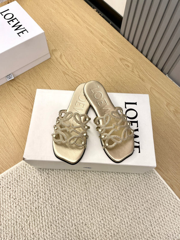 Loewe Petal Anagram Rhinestone Slides Golden Leather 723137