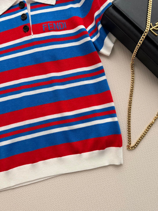 Fendi 26s Striped Polo Shirt Blue Red Knit 363767