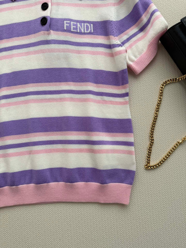Fendi 26s Striped Polo Shirt Pink Purple Knit 363765