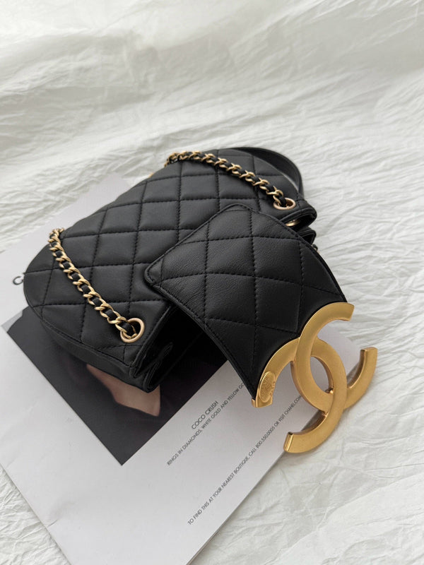 24c cc hobo bag 20cm black lambskin gold hardware