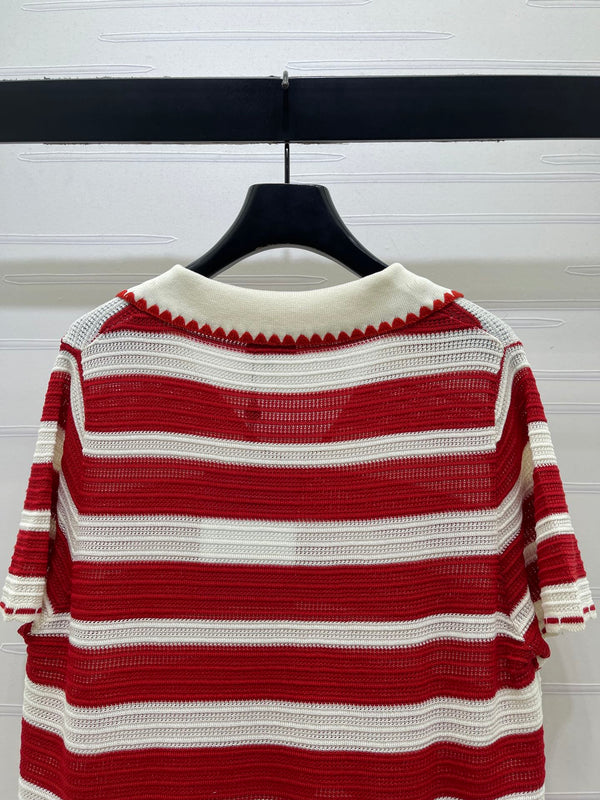 CC 26s Striped Collared Knit Short-Sleeved Top White Red 406562