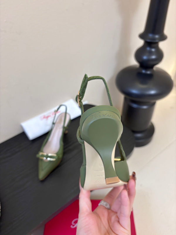 Virgule Slingback Pumps 7.5cm Olive Green Cowhide 606401